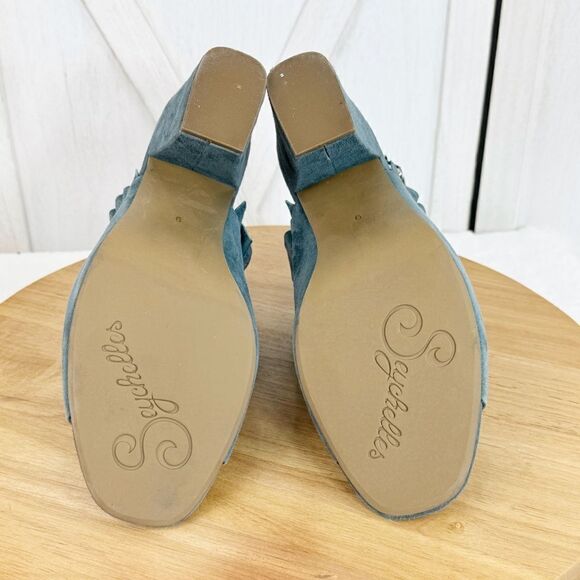 Seychelles by Anthropologie Sightseeing Suede Slingback Peep Toe Heels Teal 9 - Picture 8 of 11